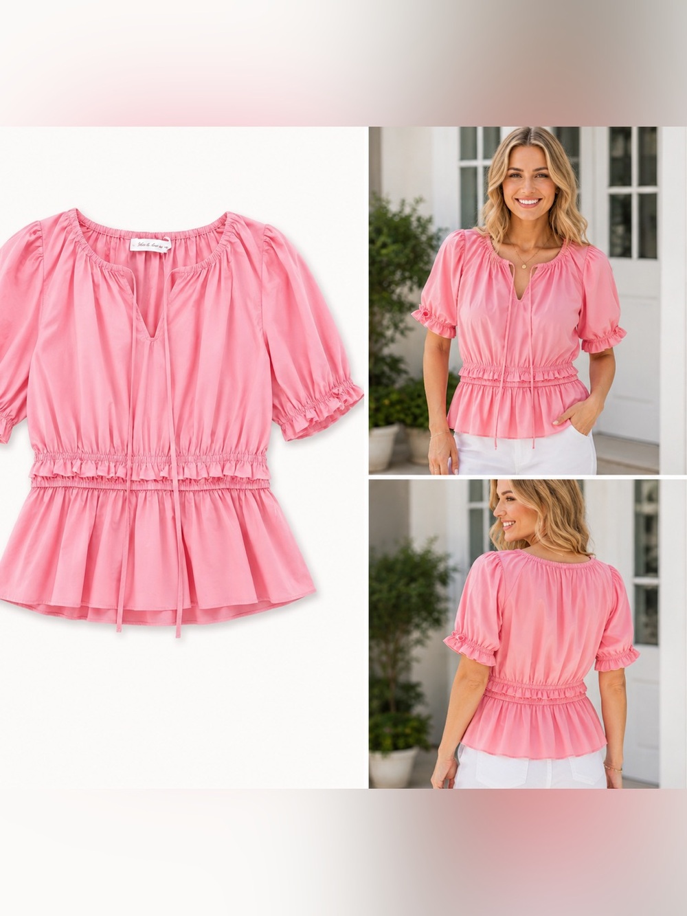 MEET ME IN SANTORINI - Pink Blouse with Puffed Sleeves NWT